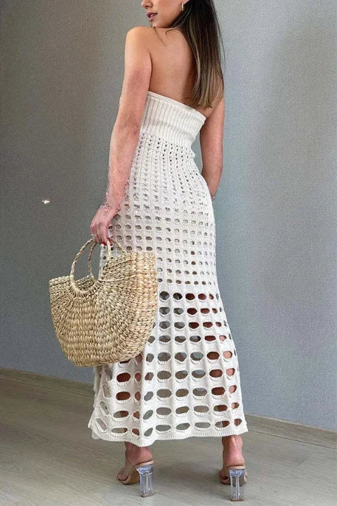 Vestido maxi de punto calado para mujer con hombros al aire