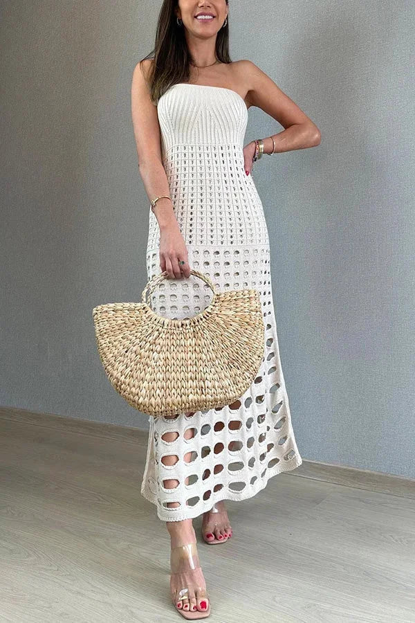 Vestido maxi de punto calado para mujer con hombros al aire
