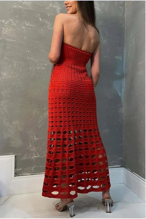 Vestido maxi de punto calado para mujer con hombros al aire