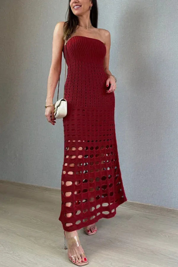 Vestido maxi de punto calado para mujer con hombros al aire