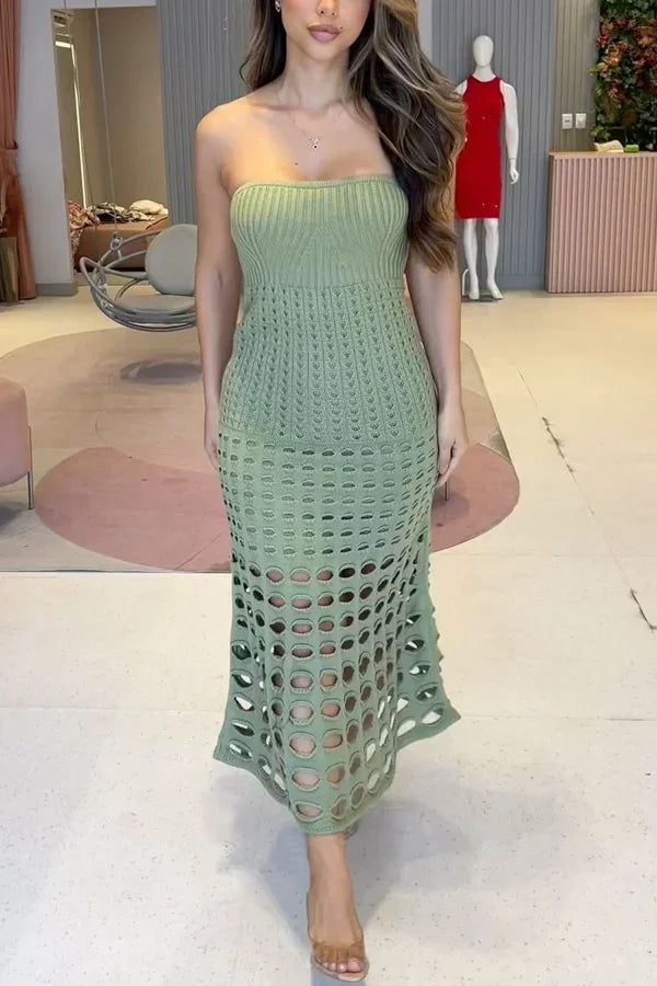Vestido maxi de punto calado para mujer con hombros al aire