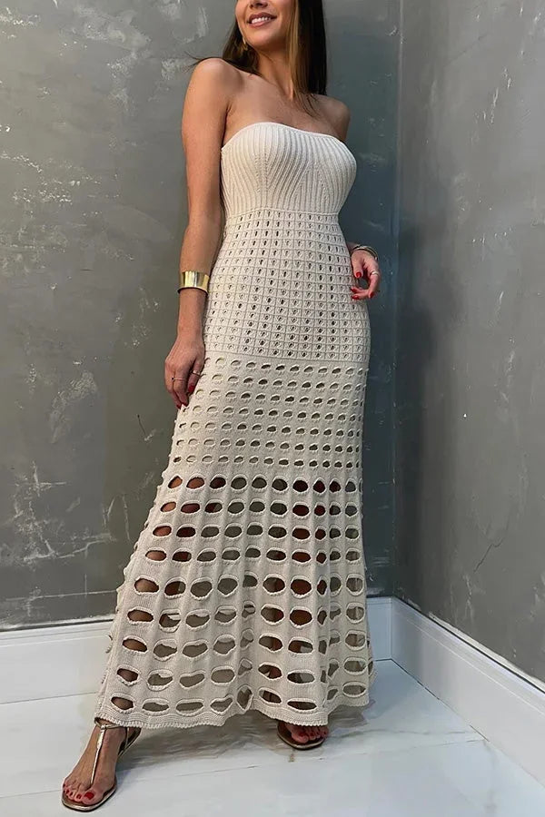 Vestido maxi de punto calado para mujer con hombros al aire