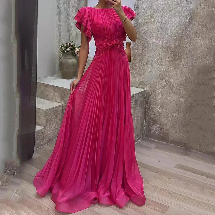 Vestido maxi plisado para mujer con mangas acampanadas y cinturón