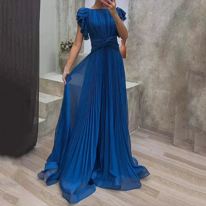 Vestido maxi plisado para mujer con mangas acampanadas y cinturón