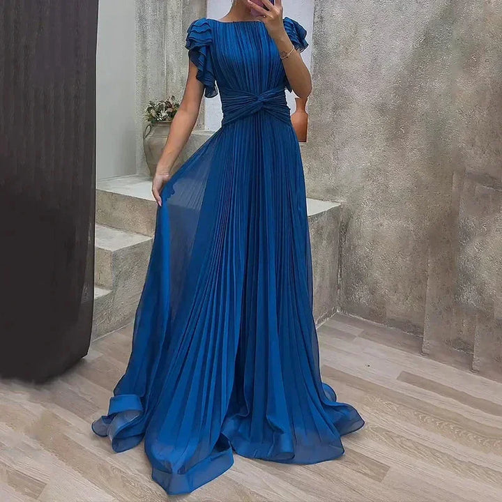 Vestido maxi plisado para mujer con mangas acampanadas y cinturón