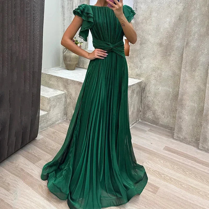 Vestido maxi plisado para mujer con mangas acampanadas y cinturón