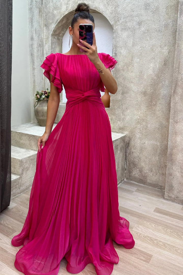 Vestido maxi plisado para mujer con mangas acampanadas y cinturón