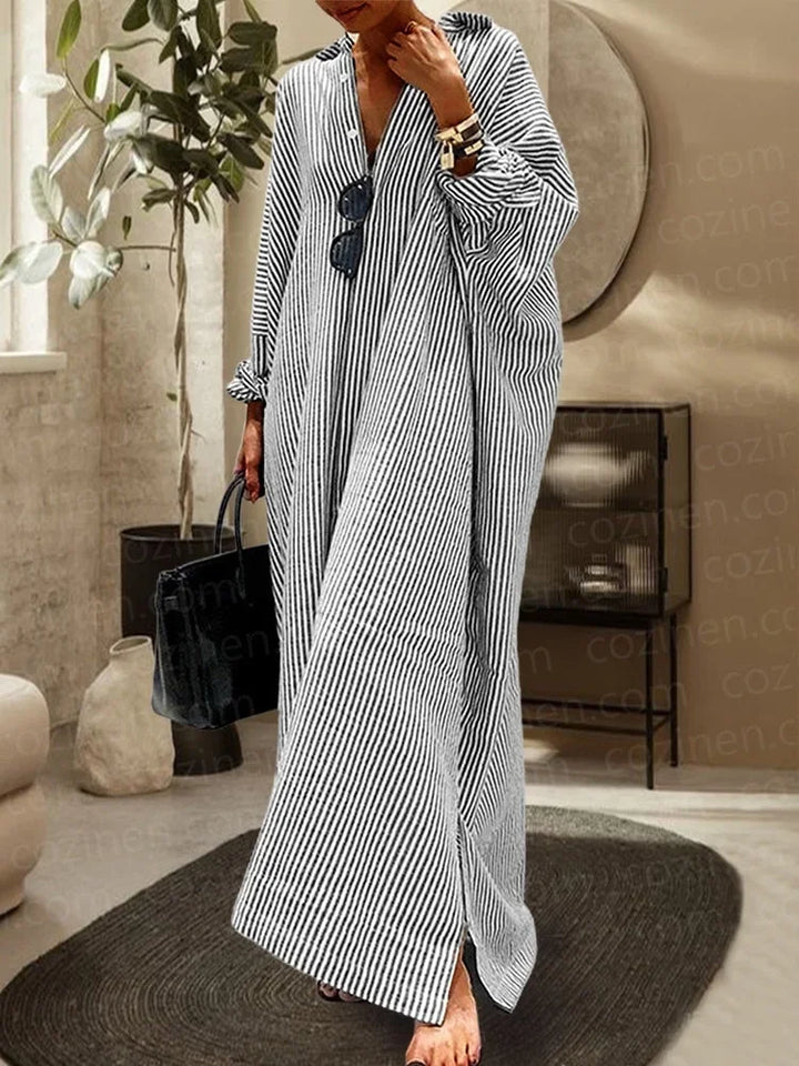 Vestido maxi a rayas para mujer con escote en V y mangas largas
