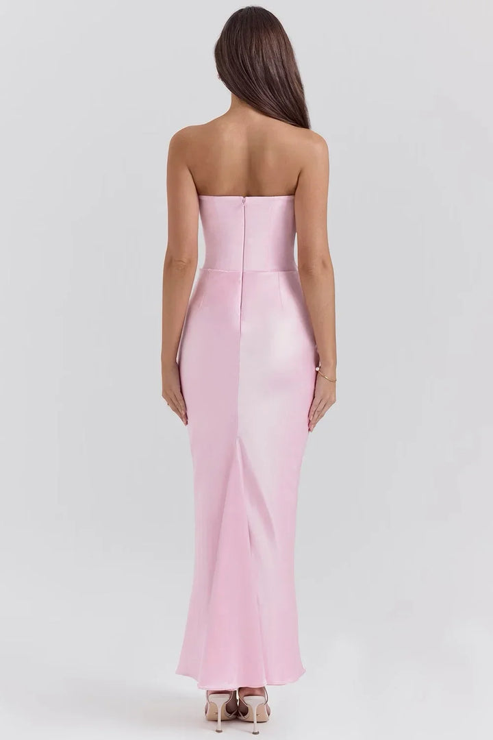 Vestido Maxi rosa sin tirantes con drapeado para mujer