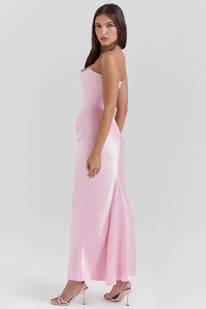 Vestido Maxi rosa sin tirantes con drapeado para mujer