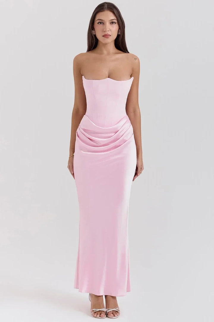 Vestido Maxi rosa sin tirantes con drapeado para mujer
