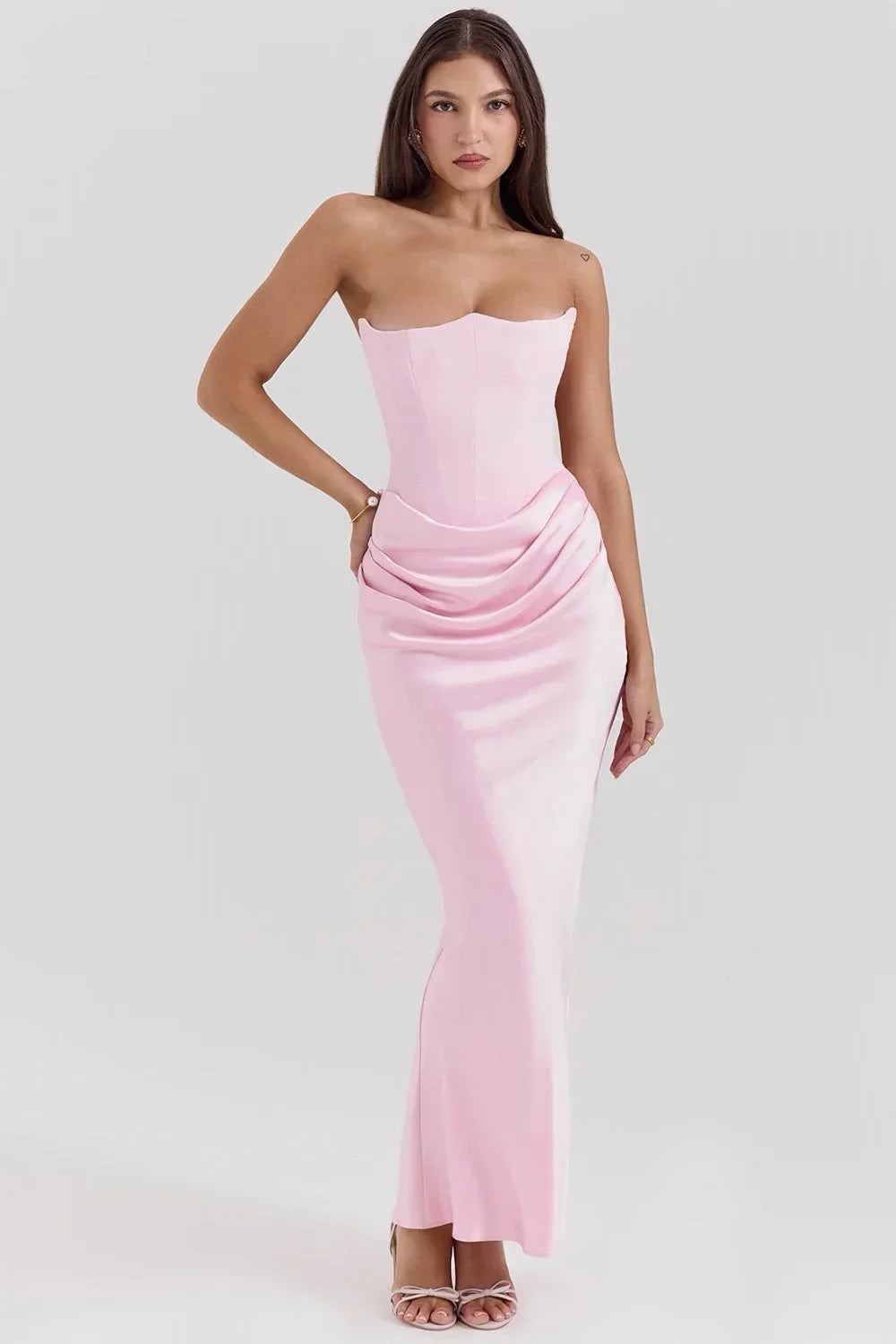 Vestido Maxi rosa sin tirantes con drapeado para mujer