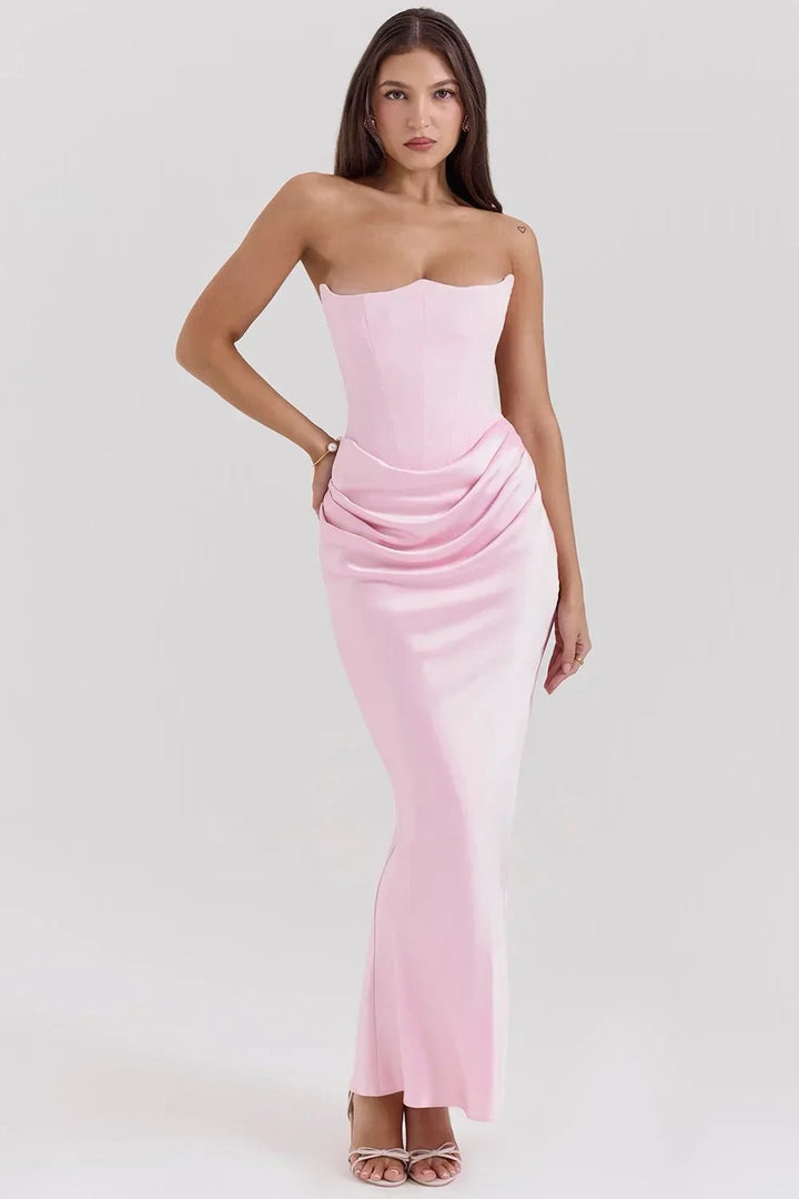 Vestido Maxi rosa sin tirantes con drapeado para mujer