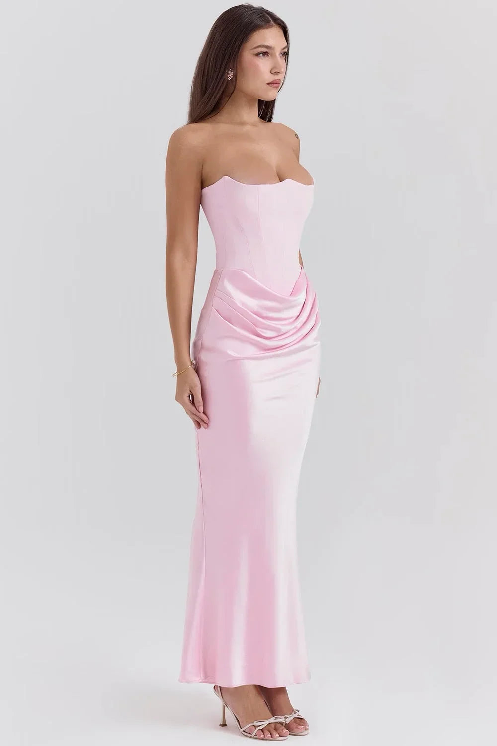 Vestido Maxi rosa sin tirantes con drapeado para mujer