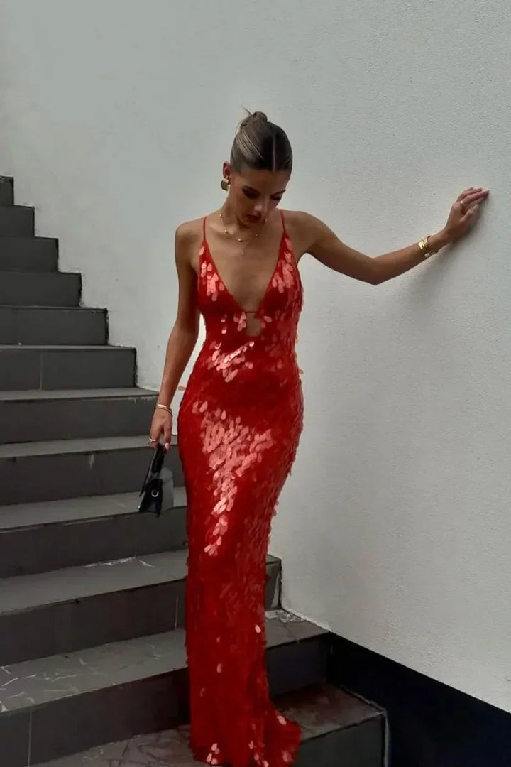 Vestido Maxi rojo de lentejuelas para mujer con tirantes finos, de noche