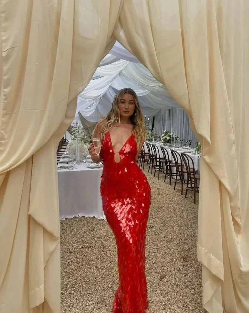 Vestido Maxi rojo de lentejuelas para mujer con tirantes finos, de noche