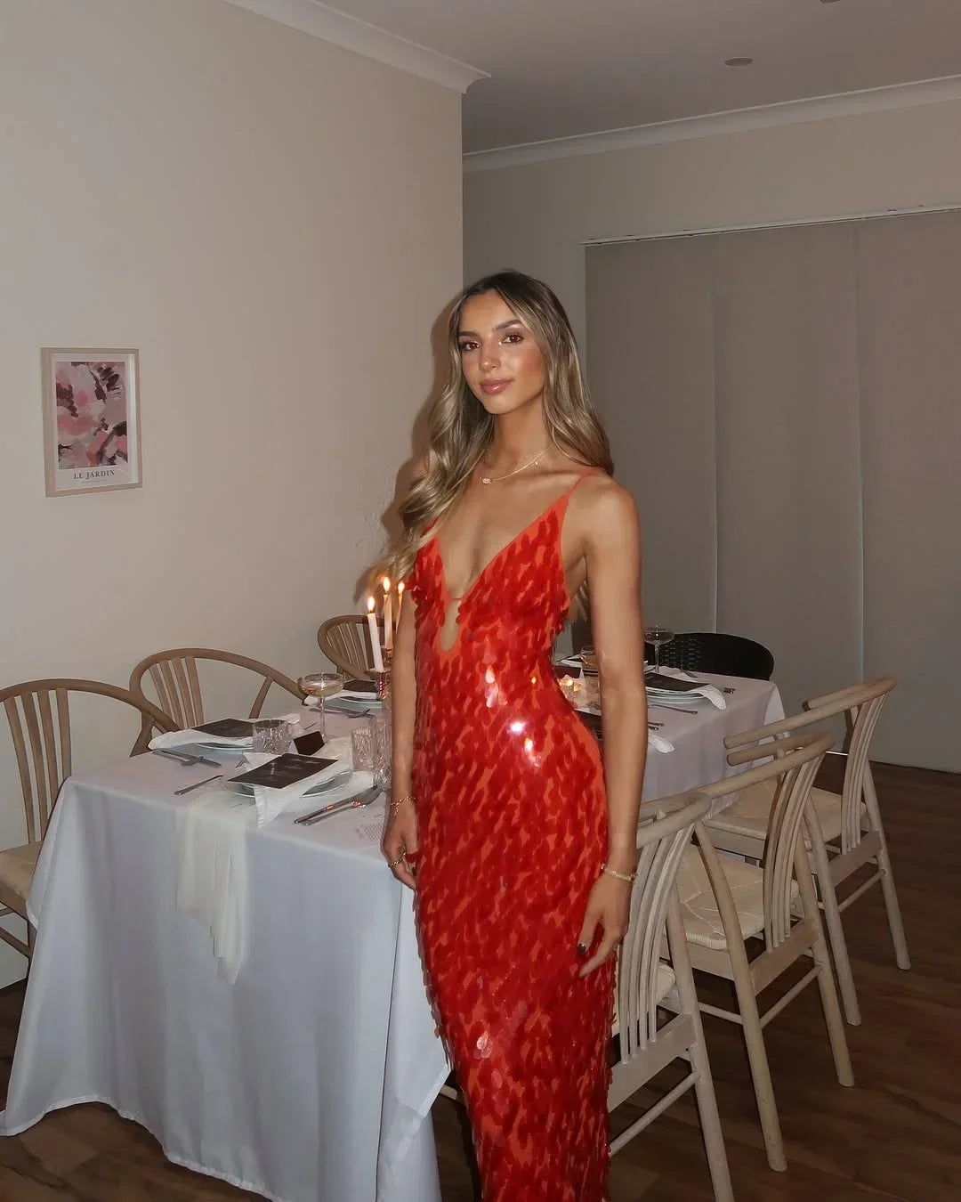 Vestido Maxi rojo de lentejuelas para mujer con tirantes finos, de noche