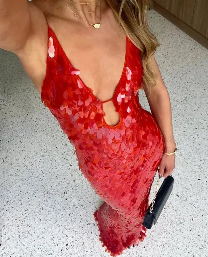 Vestido Maxi rojo de lentejuelas para mujer con tirantes finos, de noche