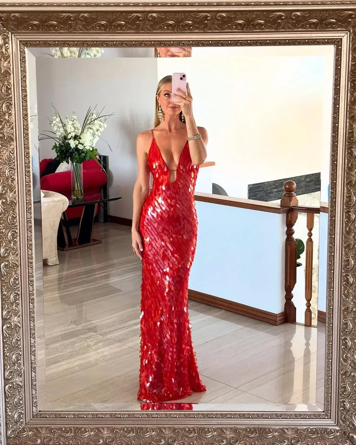 Vestido Maxi rojo de lentejuelas para mujer con tirantes finos, de noche