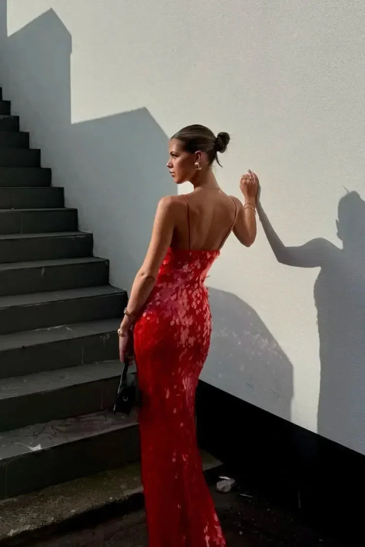 Vestido Maxi rojo de lentejuelas para mujer con tirantes finos, de noche