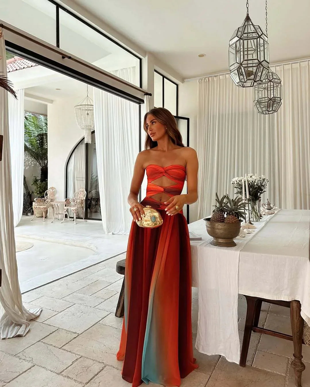 Vestido maxi sin mangas rojo y naranja para mujer, verano