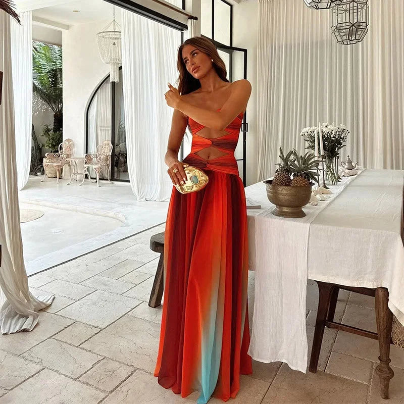 Vestido maxi sin mangas rojo y naranja para mujer, verano