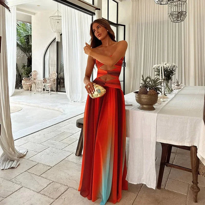 Vestido maxi sin mangas rojo y naranja para mujer, verano