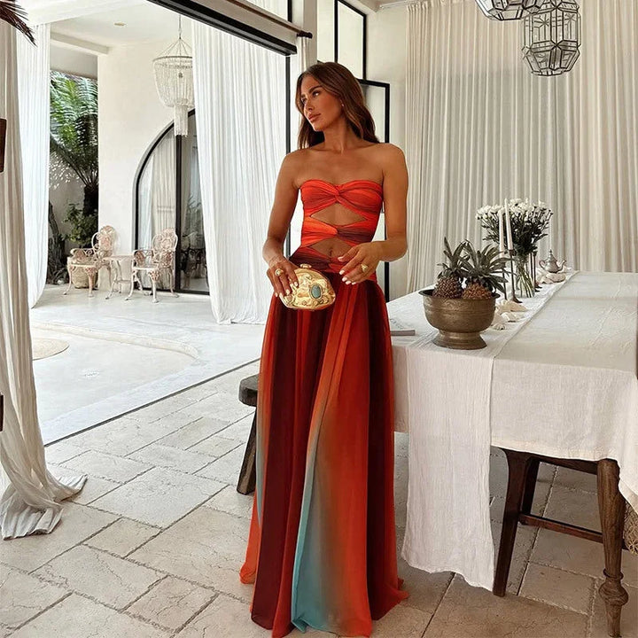 Vestido maxi sin mangas rojo y naranja para mujer, verano