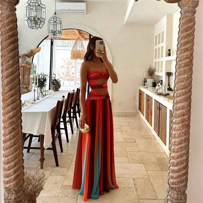 Vestido maxi sin mangas rojo y naranja para mujer, verano