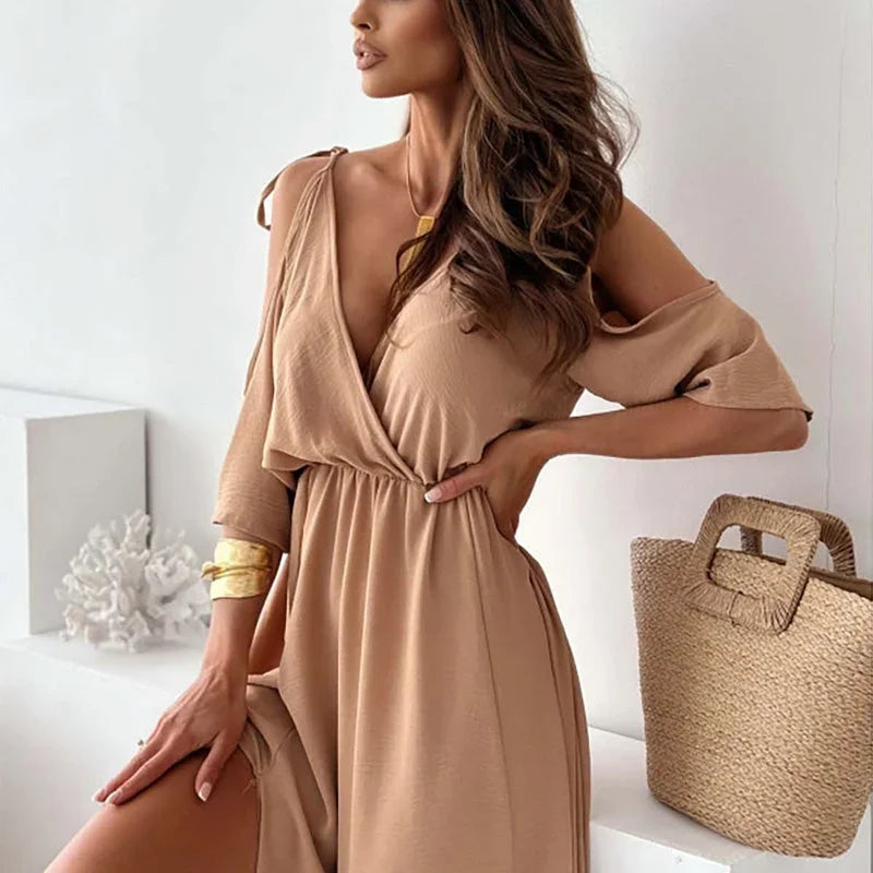 Vestido Maxi de mujer con escote en V y mangas abiertas