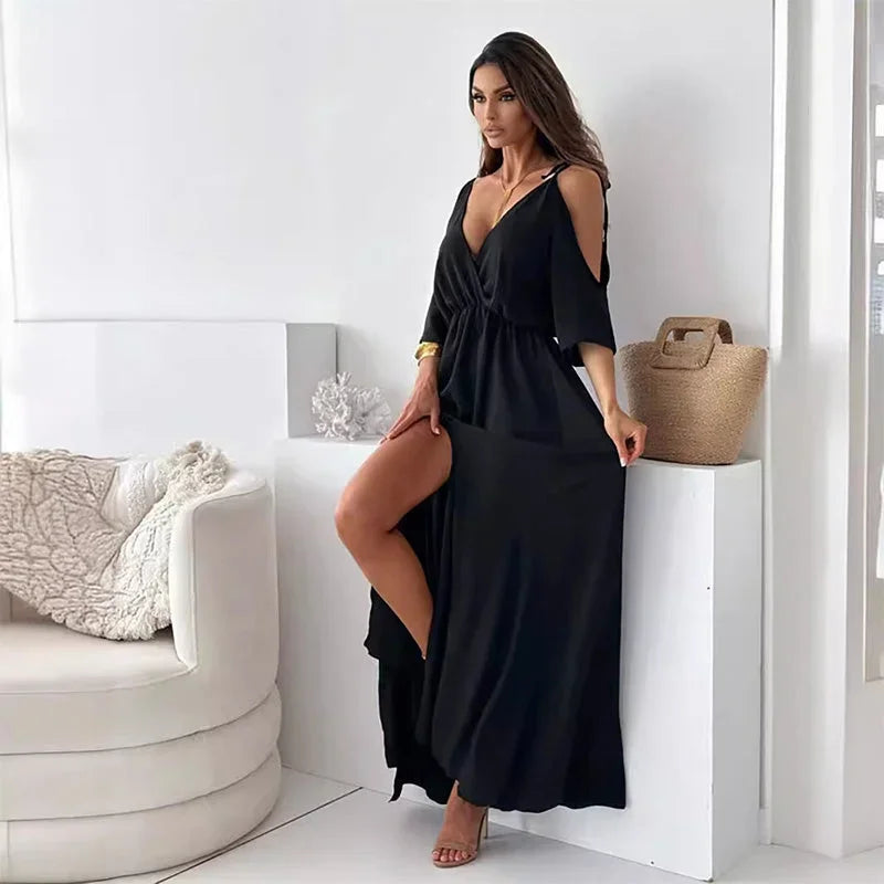 Vestido Maxi de mujer con escote en V y mangas abiertas