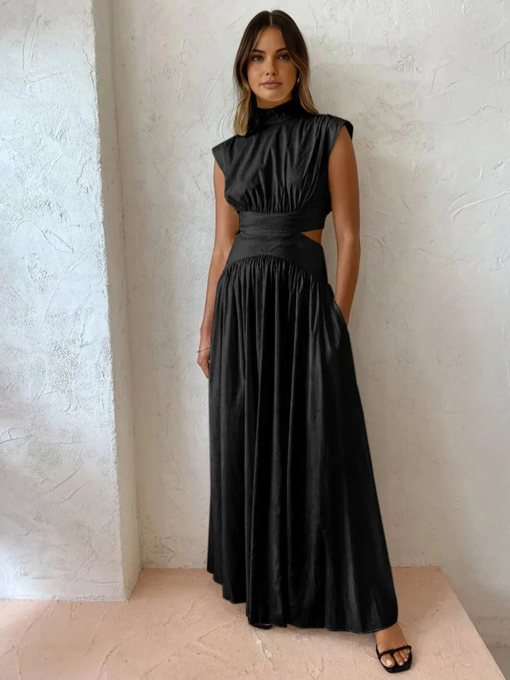 Vestido maxi de verano para mujer con cuello alto y cortes