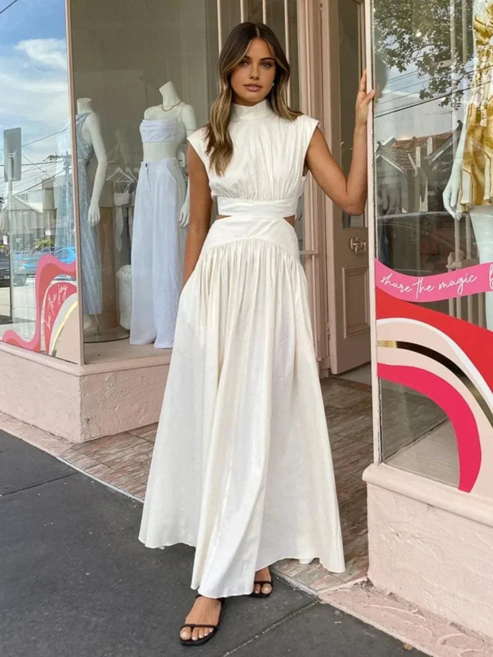 Vestido maxi de verano para mujer con cuello alto y cortes