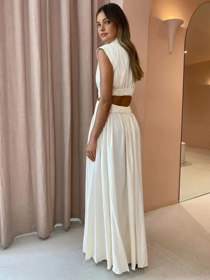 Vestido maxi de verano para mujer con cuello alto y cortes