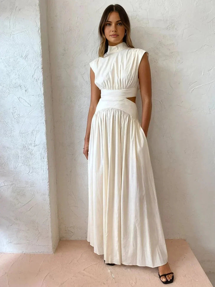 Vestido maxi de verano para mujer con cuello alto y cortes
