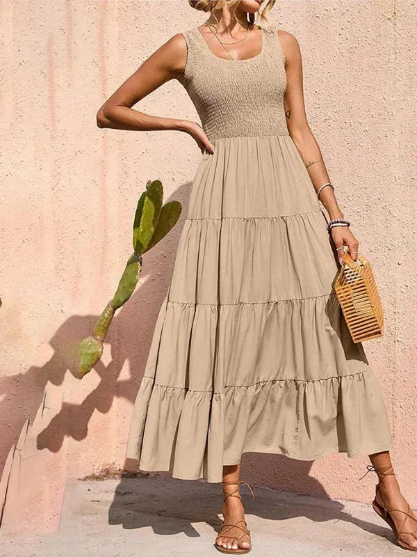 Vestido maxi sin mangas para mujer con fruncidos y volantes