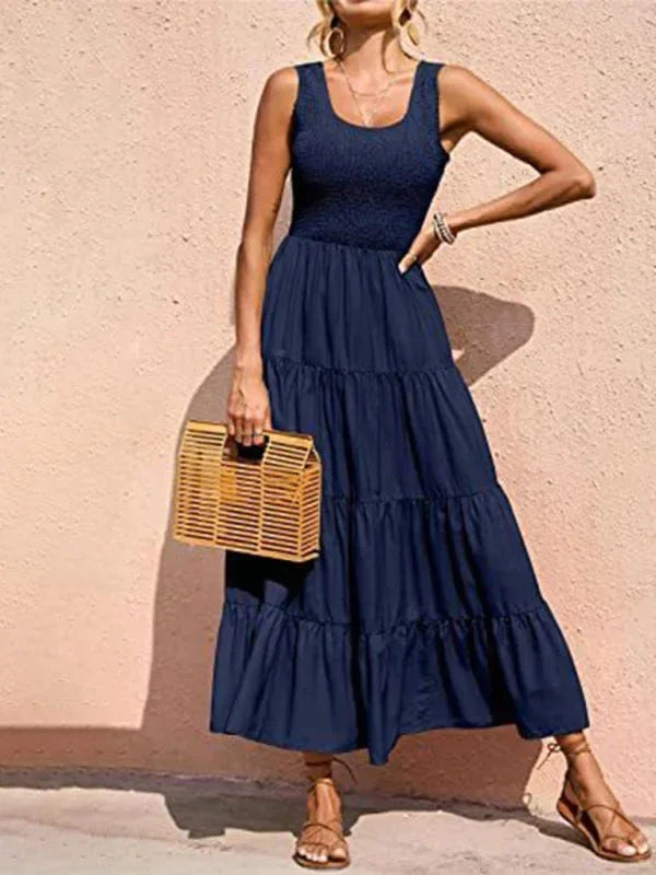 Vestido maxi sin mangas para mujer con fruncidos y volantes