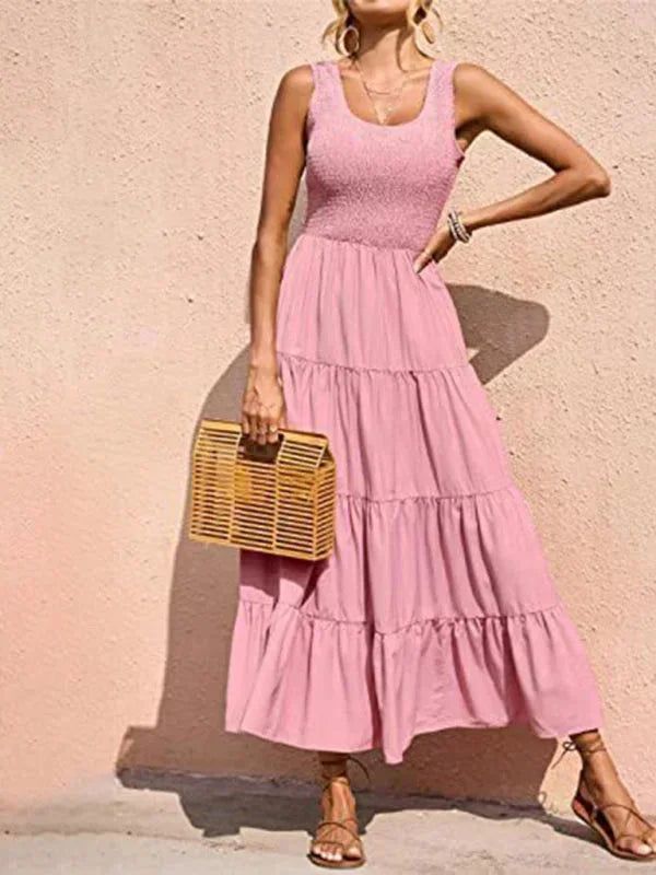 Vestido maxi sin mangas para mujer con fruncidos y volantes