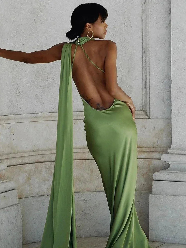 Vestido maxi de satén para mujer con un solo hombro y espalda descubierta