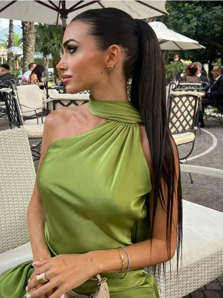 Vestido maxi de satén para mujer con un solo hombro y espalda descubierta