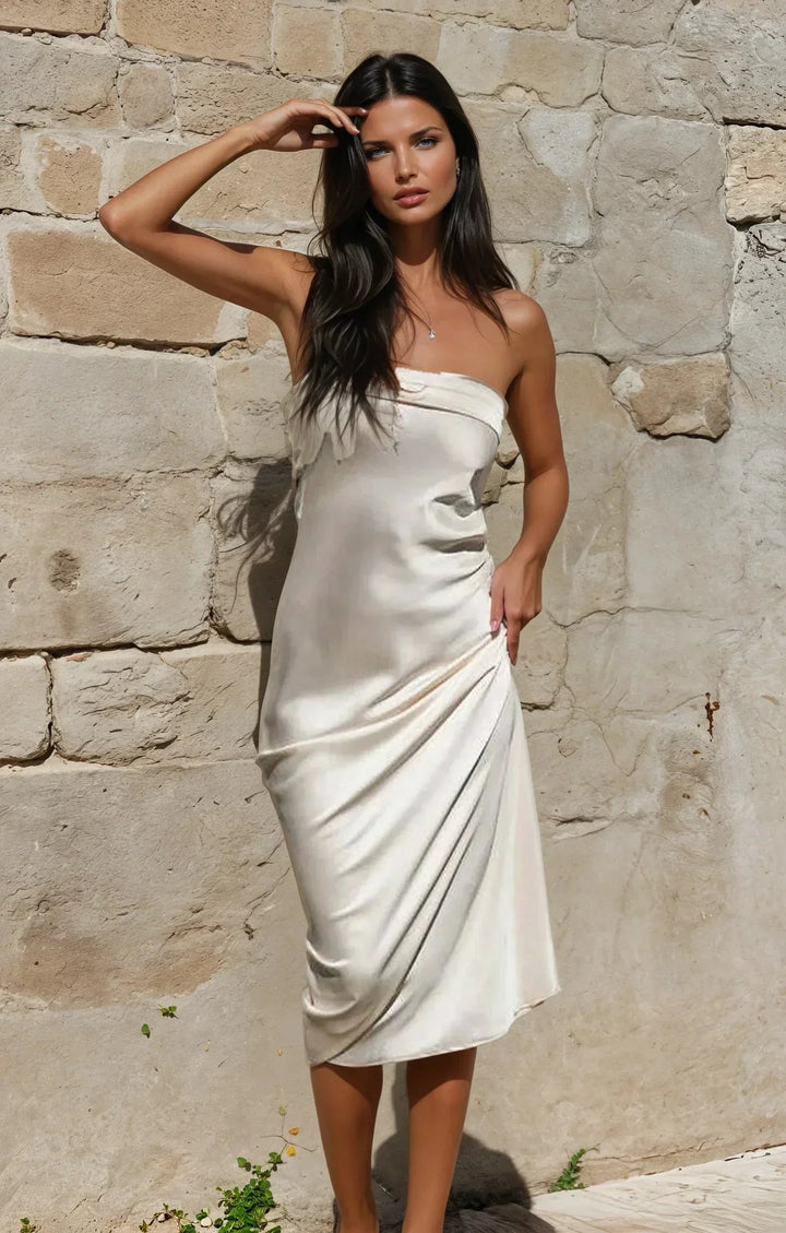 Vestido maxi sin tirantes de satén para mujer para la noche