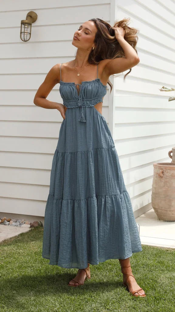 Vestido maxi fluido sin espalda para mujer con tirantes ajustables