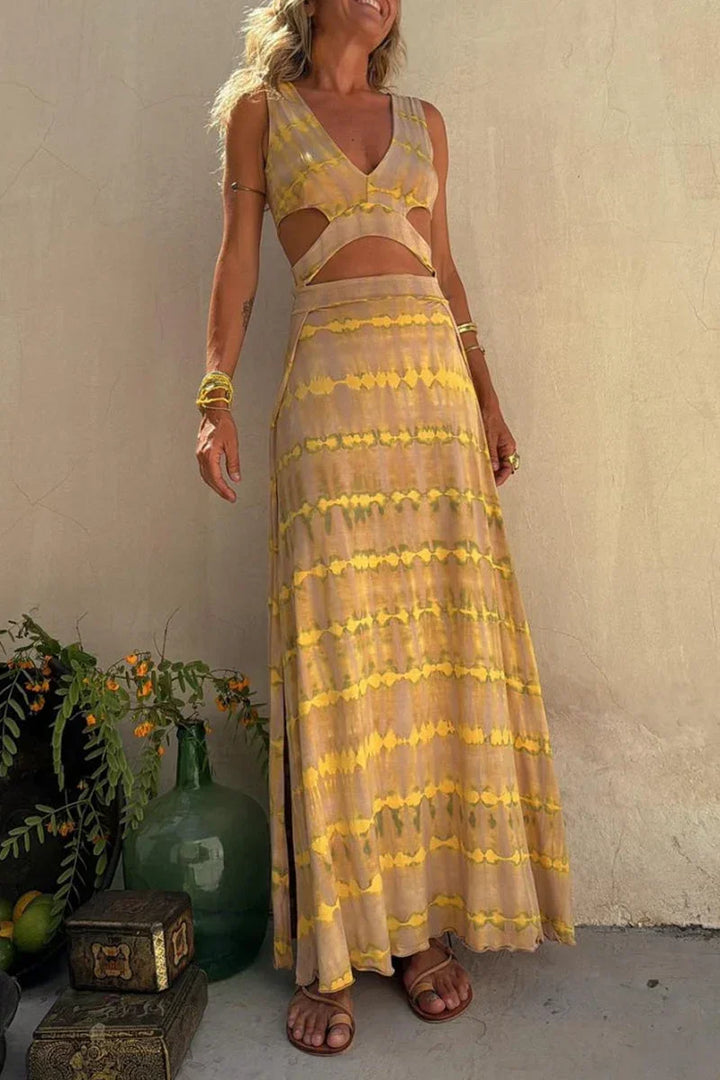 Vestido maxi tie-dye con corte y escote en V