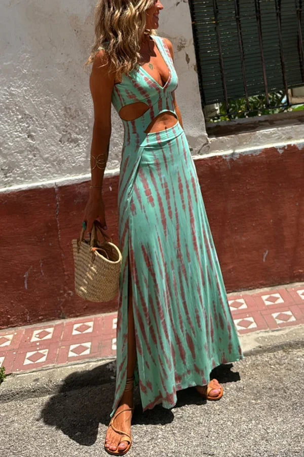 Vestido maxi tie-dye con corte y escote en V