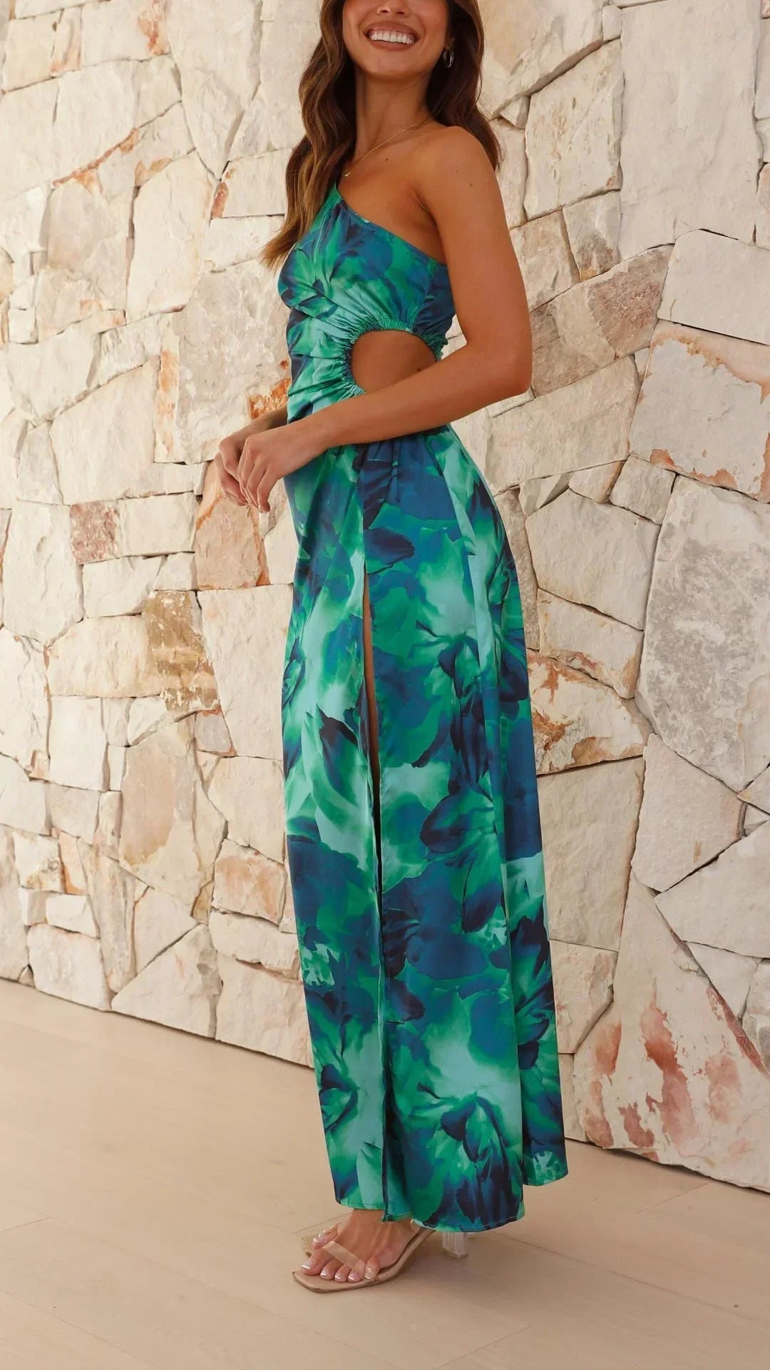 Vestido Maxi de Noche Floral de Un Hombro Verde