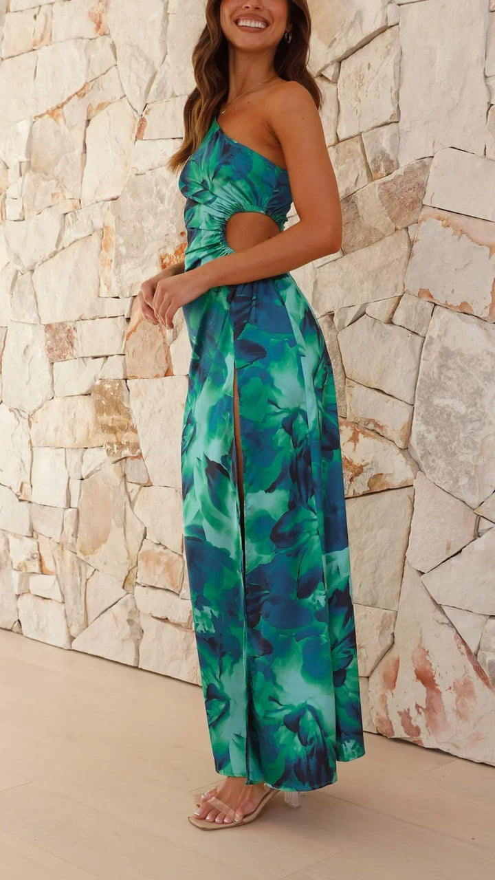 Vestido Maxi de Noche Floral de Un Hombro Verde