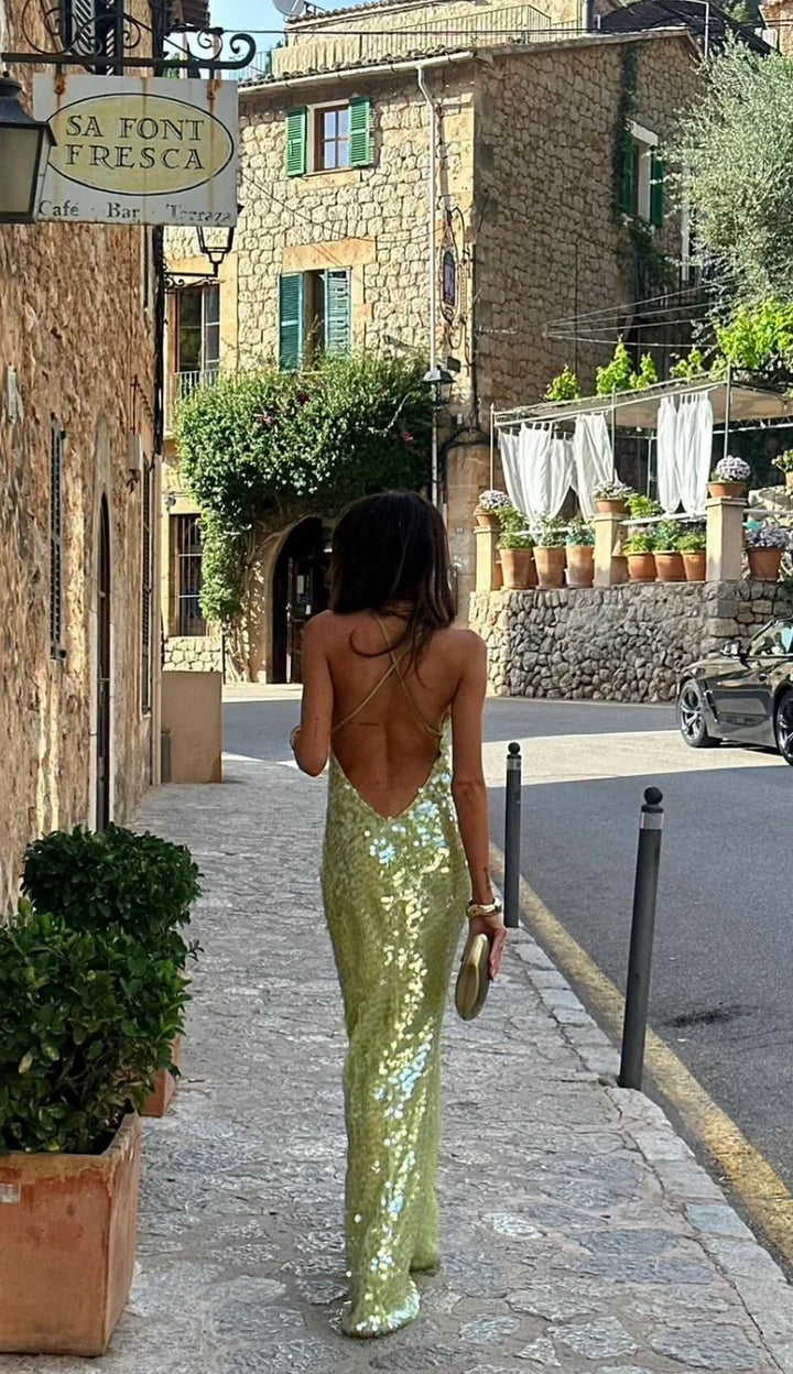 Vestido Maxi de lentejuelas verdes sin espalda para mujer, de noche