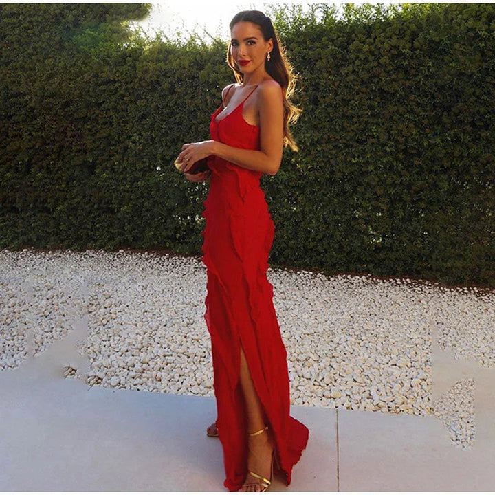 Vestido maxi de mujer con volantes asimétricos y tirantes finos