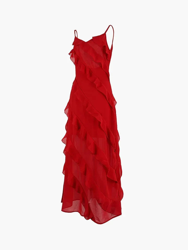 Vestido maxi de mujer con volantes asimétricos y tirantes finos