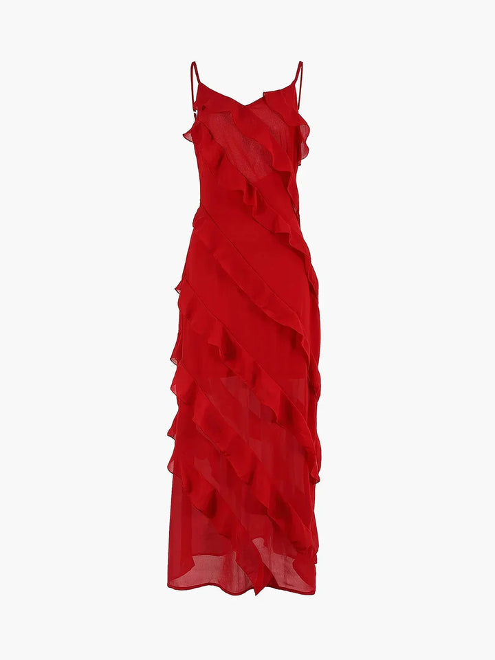 Vestido maxi de mujer con volantes asimétricos y tirantes finos